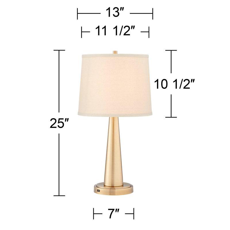 360 Lighting Modern Table Lamps 25" High Set of 2 with USB Charging Port Brass Metal Beige Drum Shade for Bedroom Living Room House Desk Bedside Home