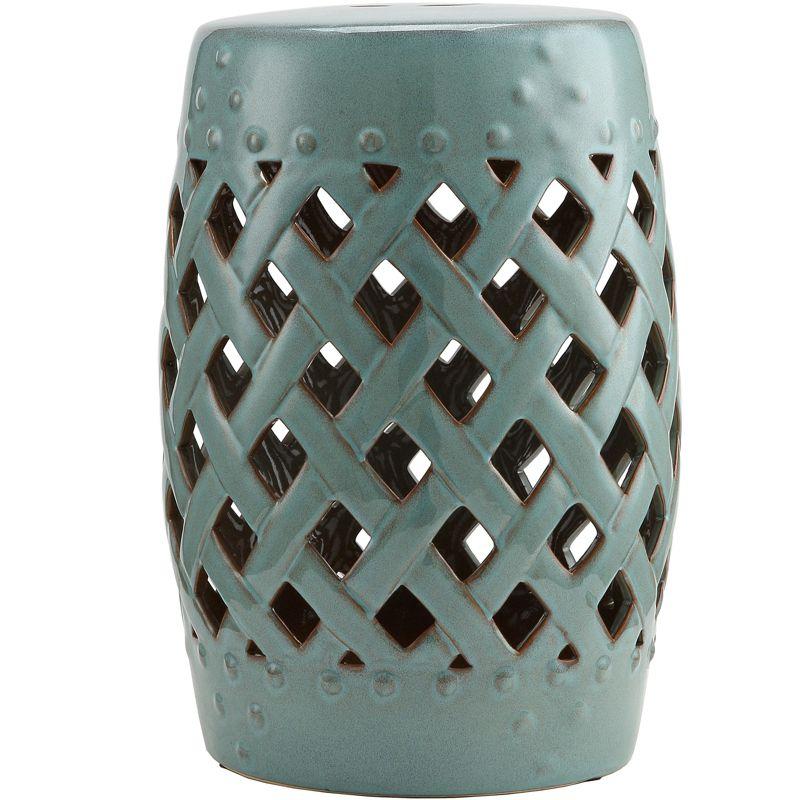 Blue Ceramic Garden Stool with Woven Lattice Design