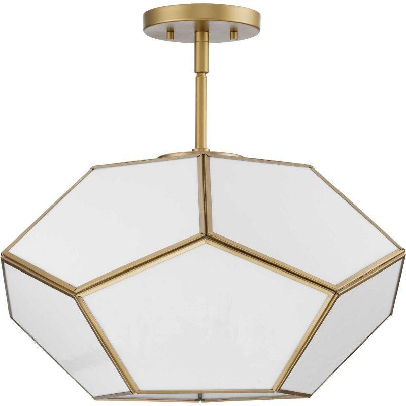 Progress Lighting Latham 3-Light Semi-Flush Mount, Vintage Gold, White Art Glass. Geometric framework with handmade glass.