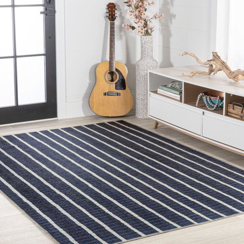 5' x 8' Rand Distressed Ticking Stripe Machine-Washable Area Rug, Navy/Ivory - JONATHAN Y