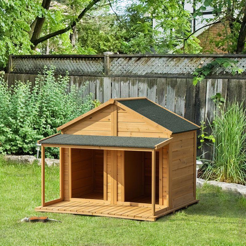 PawHut Wooden Dog House Outdoor Duplex for 2 Medium or Small Dogs, Outdoor Double Dog House with Porch, 50" x 43" x 43"