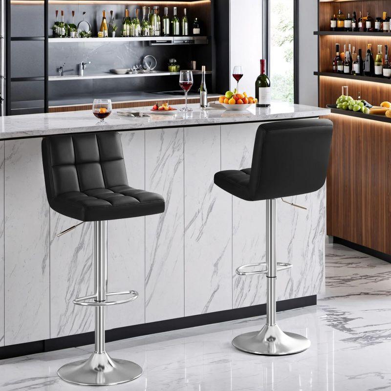 Modern Black Faux Leather Adjustable Swivel Barstools, Set of 2