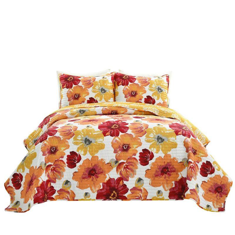 Full Red and Orange Reversible Microfiber Quilt Set