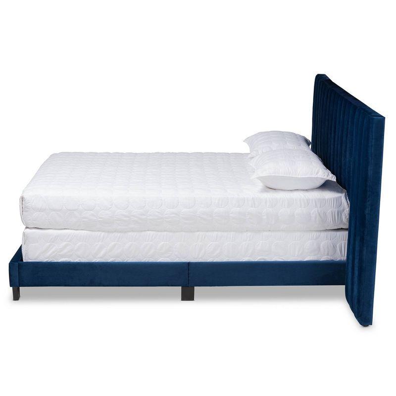 Elegant Navy Blue Velvet Queen Bed with Extended Tufted Headboard