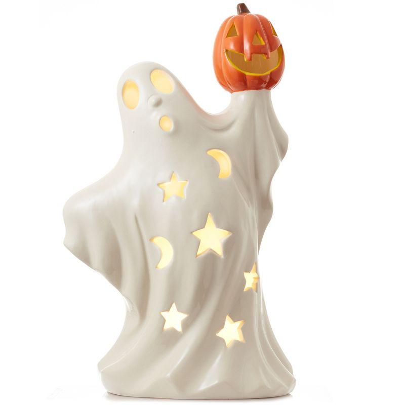 Pre-Lit Ceramic Halloween Ghost Holding Pumpkin Hand-Painted Decor