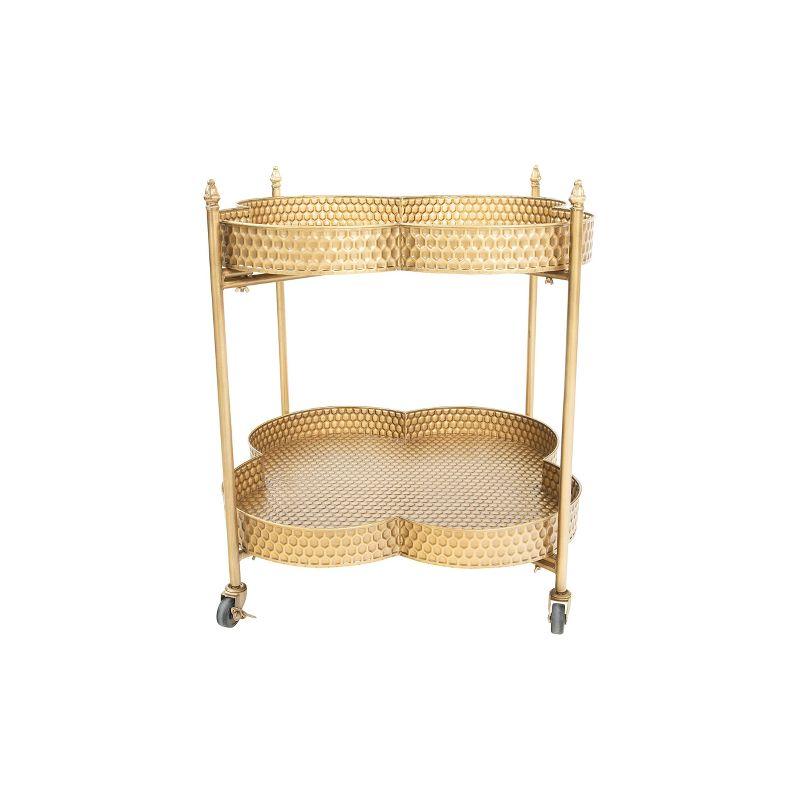 Storied Home Clover Shaped 2-Tier Hammered Metal Bar Cart with Wheels Brass: Elegant Entertaining, Modern Host Essentials
