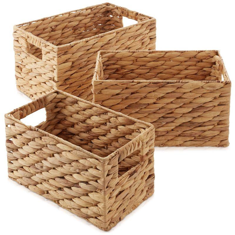 Casafield Set of 3 Water Hyacinth Storage Baskets with Handles - Small, Medium, and Large Woven Nesting Storage Bin Organizers for Shelves