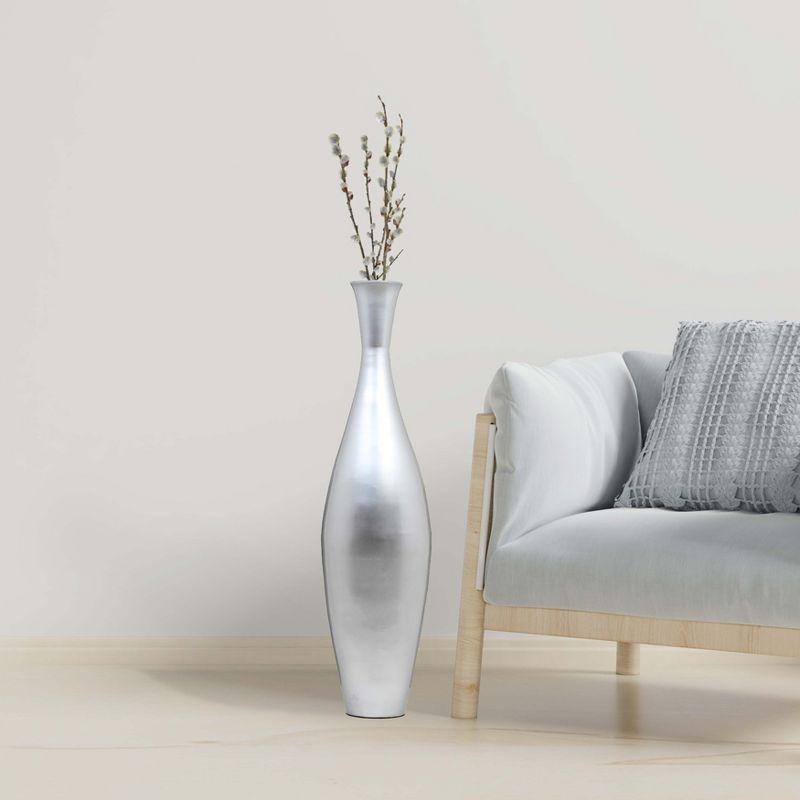 Tall 43 Inch Modern Bamboo Narrow Trumpet Floor Vase - Elegant Decoration Modern Accent Piece, Living Room Decor, Handcrafted Bamboo Art, Silver Large