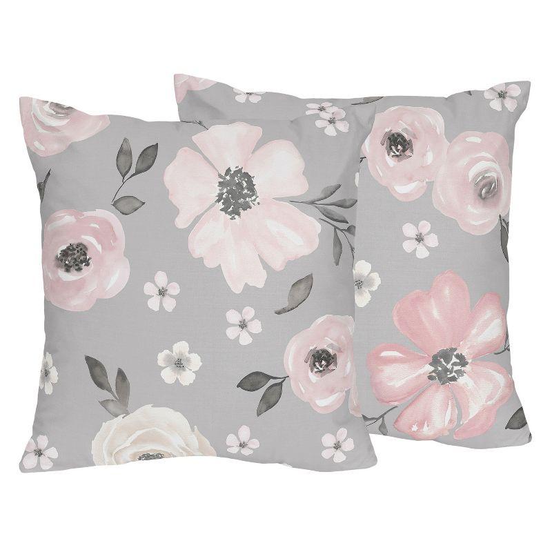 Grey and Pink Watercolor Floral Kids' Throw Pillows Set