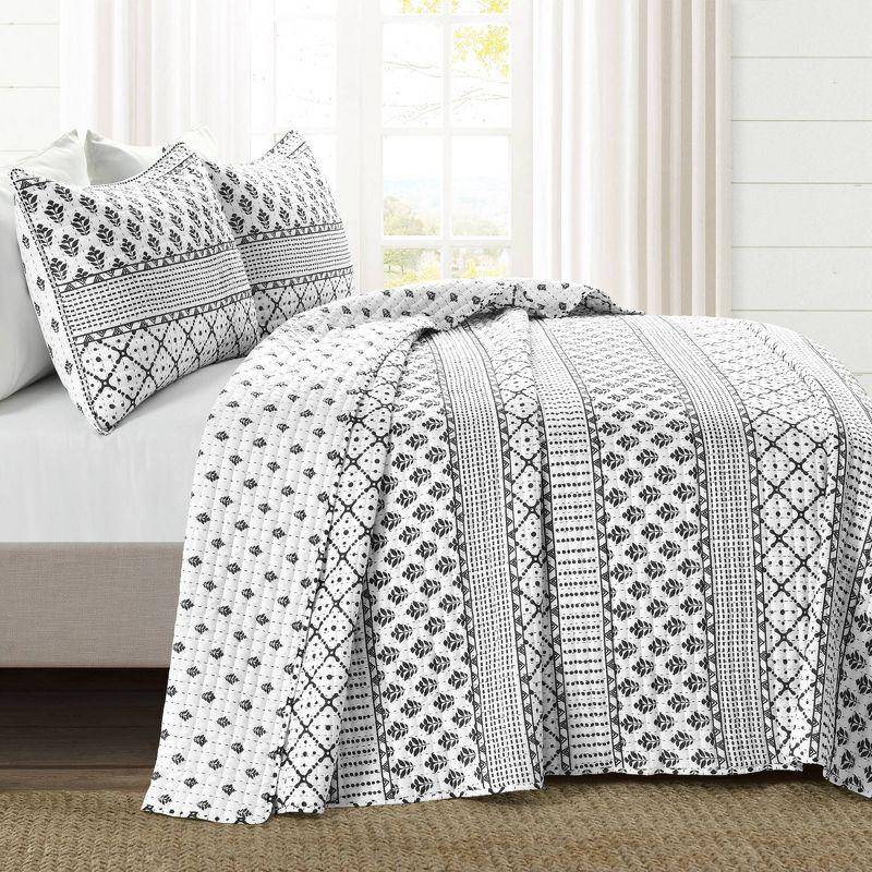 Full Queen 3pc Monique Stripe Quilt Set Black/White - Lush Décor: Microfiber, Reversible, Machine Washable