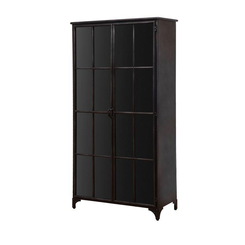 Storied Home Metal 71" Tall Decorative Storage Cabinet Black: Glass Doors, Iron Frame, Display Shelves