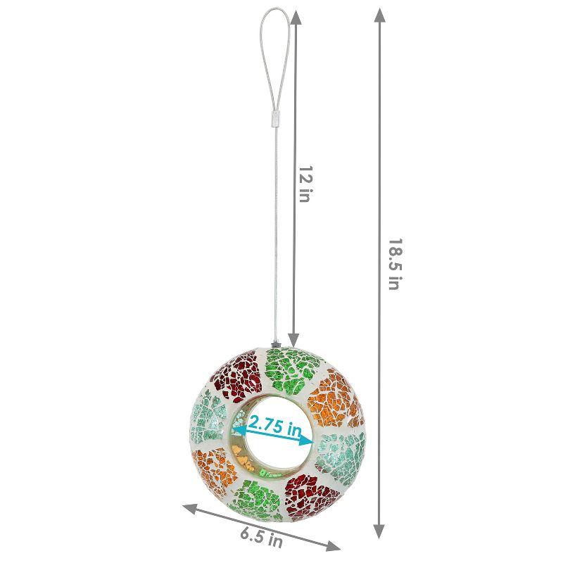 Sunnydaze Outdoor Garden Patio Round Glass with Summery Mosaic Design Hanging Fly-Through Bird Feeder - 6" - Red, Orange, Green, and Light Blue