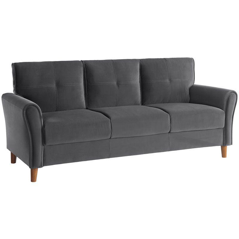 Gray Velvet Tufted Sofa with Walnut Wood Legs