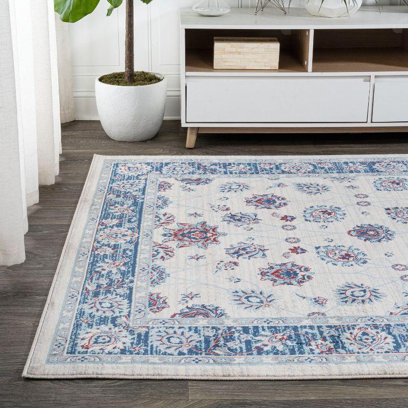 4' X 6' Modern Persian Vintage Moroccan Traditional Area Rug, Blue/Ivory/Red - JONATHAN Y