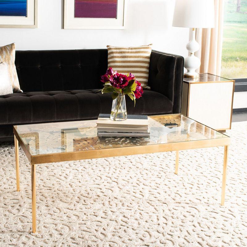 Elegant Gold Leaf Rectangular Glass Coffee Table with Palm Design