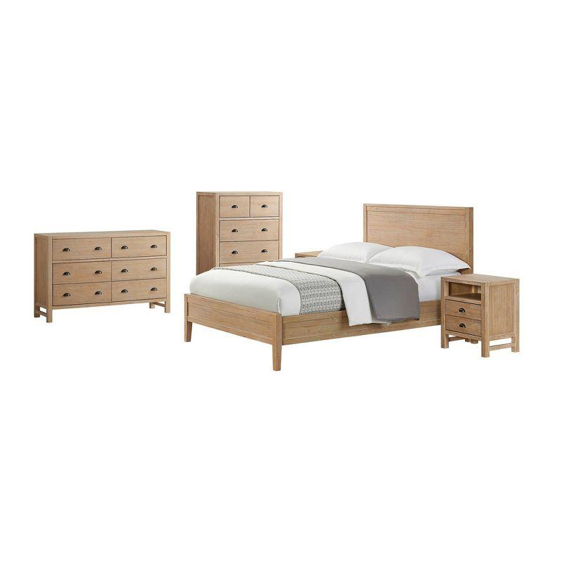 Arden 5-Piece Bedroom Set - Queen Bed, Two 2-Drawer Nightstands, 5-Drawer Chest, 6-Drawer Double Dresser, Solid Pine Wood, Light Driftwood Finish, Modern Rustic Style