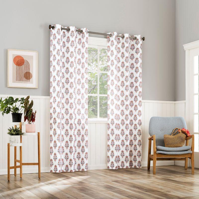 White Floral Motif Light-Filtering Grommet Curtain Panel