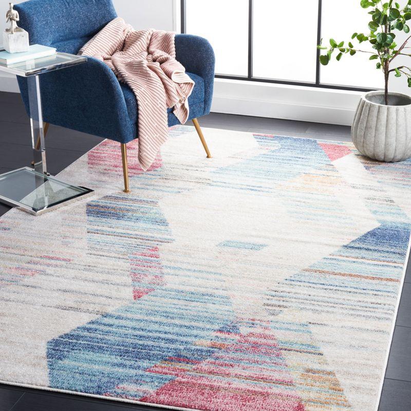 Ivory and Blue Geometric Medallion Synthetic Square Rug