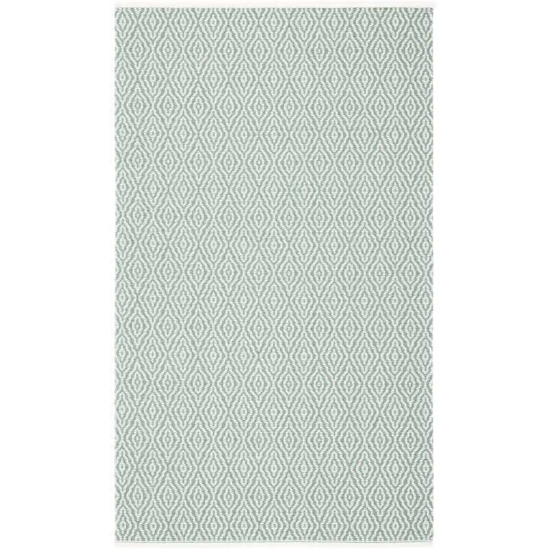 Green and Ivory Geometric Flatweave Cotton Blend Rug