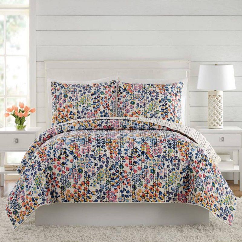 Full Blue Cotton Reversible Boho-Chic Quilt Set