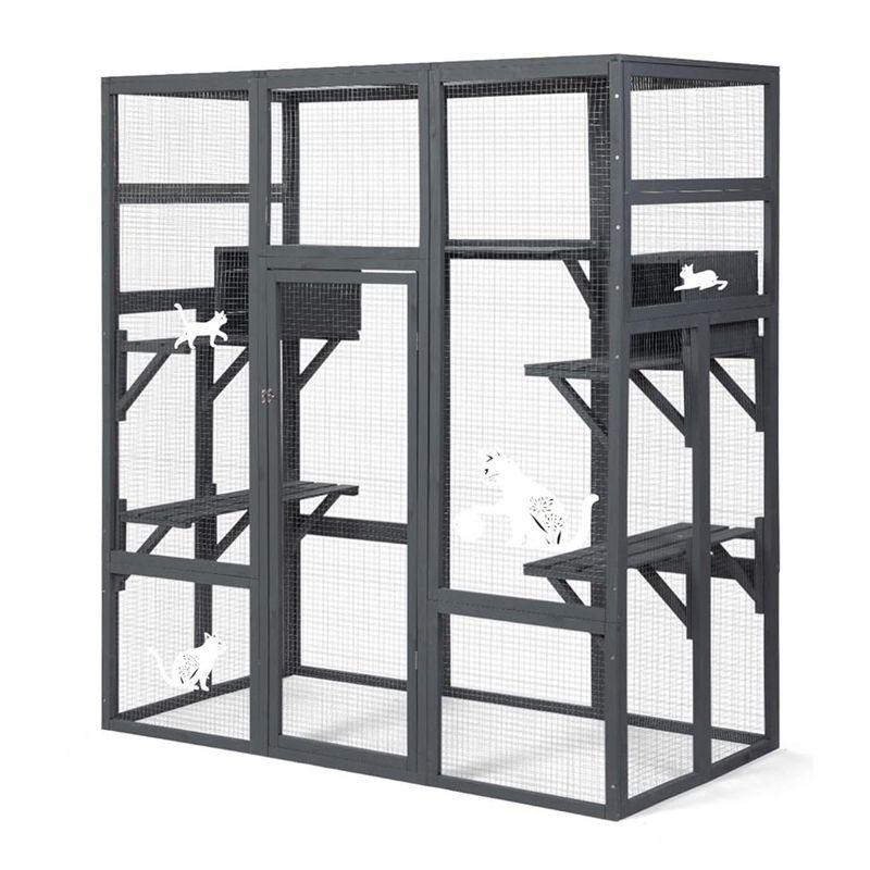 COZIWOW Large Catio Outdoor Cat Enclosure, 70" Spacious Cat House with Perches and Condos with Waterproof Roof, 7 Platforms, and 2 Resting Box, Grey