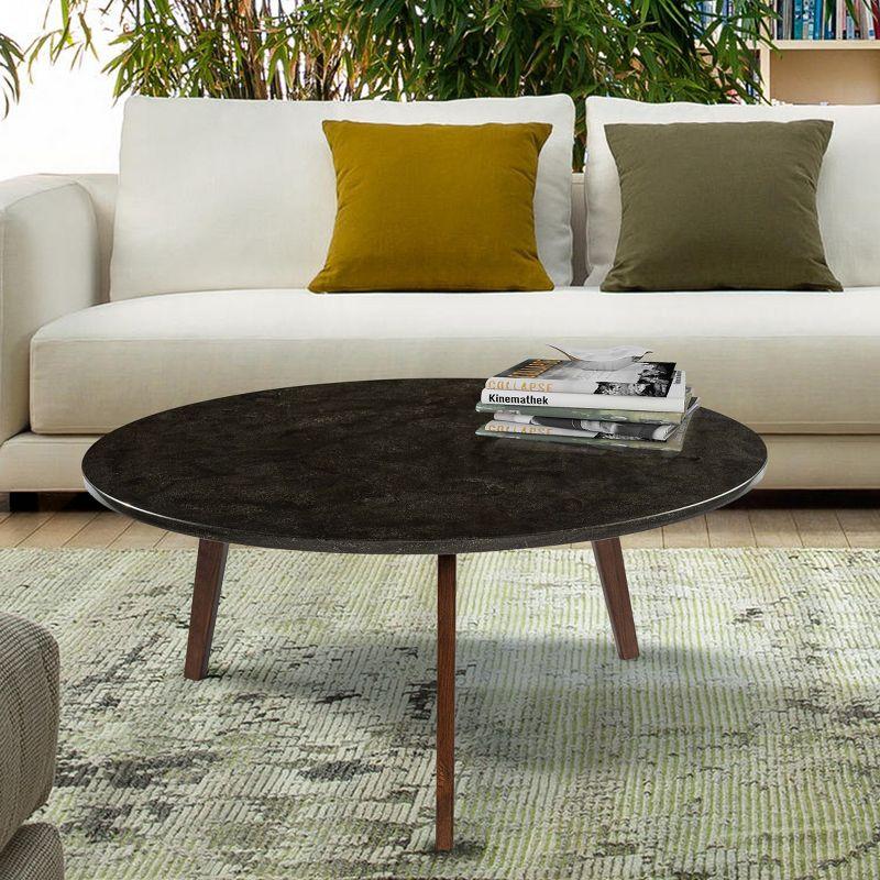 The Bianco Collection Stella 31" Round Italian Black Marble Coffee Table with Walnut Legs