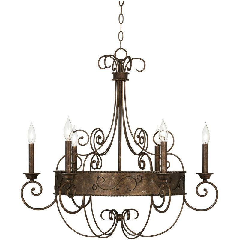 Rustic Bronze Scrollwork Chandelier with Candle Sleeves, 30" Wide