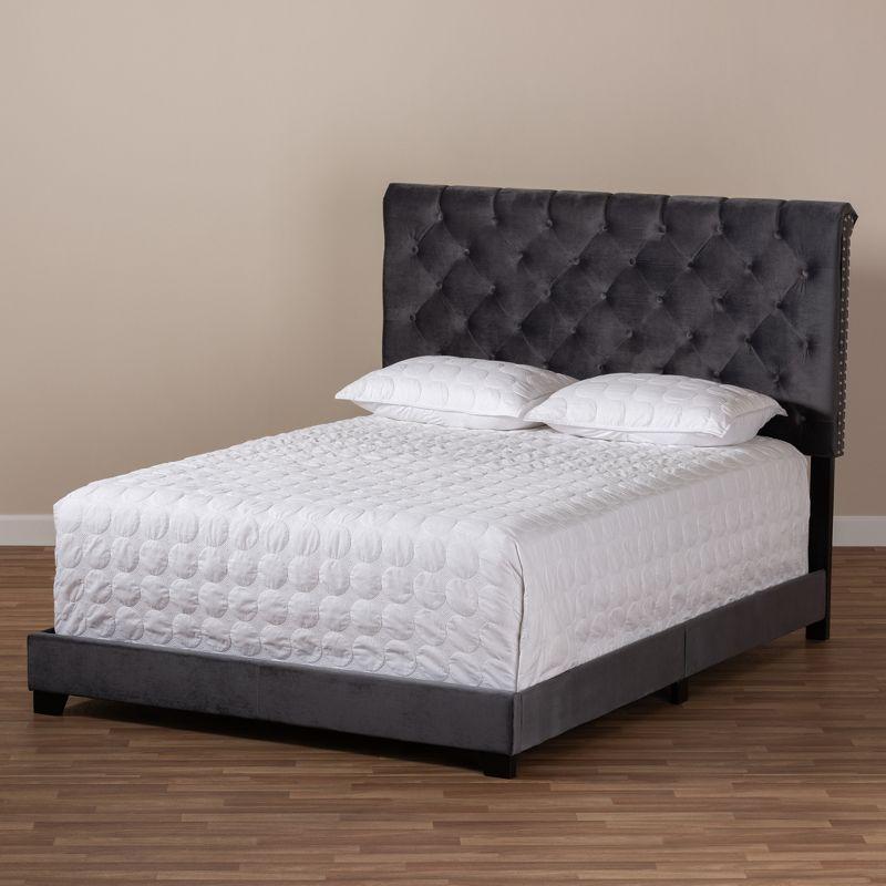 Luxurious Dark Grey Velvet Full Bed with Tufted Headboard and Nailhead Trim