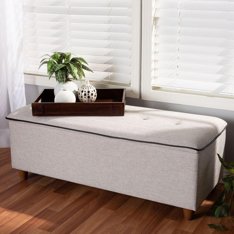 Marlisa 43" Grayish Beige Fabric Upholstered Storage Ottoman with Walnut Finish