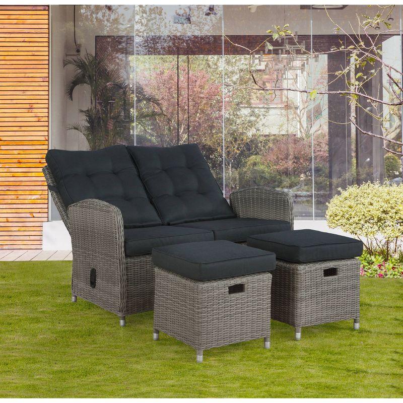 Monaco 3pc Set with 2 Seat Reclining Bench & 2 Ottomans - Gray - Alaterre Furniture: All-Weather Wicker, Aluminum Frame