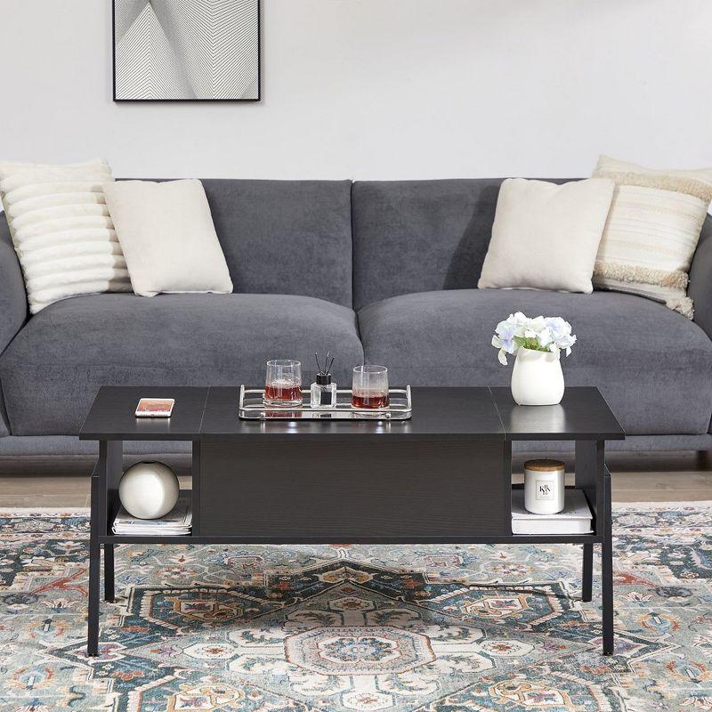 VECELO 42 Inch Lift Top Coffee Table with Metal Legs, Rising Center Table w/Hidden Compartment and 2 Storage Shelves, Black