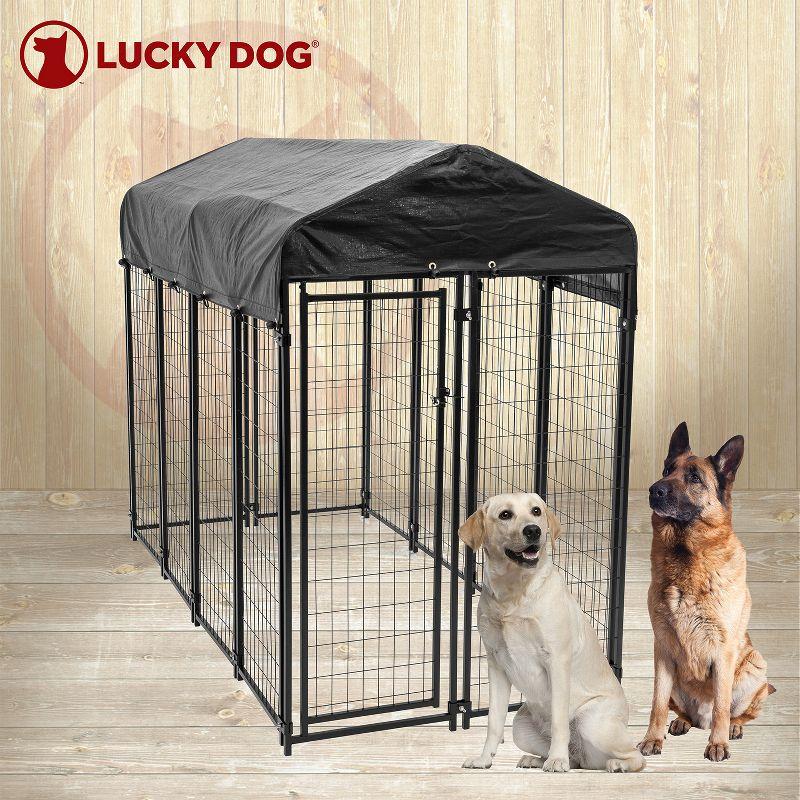 Lucky Dog STAY Series Black Powder Coat Steel Frame Villa Dog Kennel with Waterproof Canopy Roof and Single Gate Door