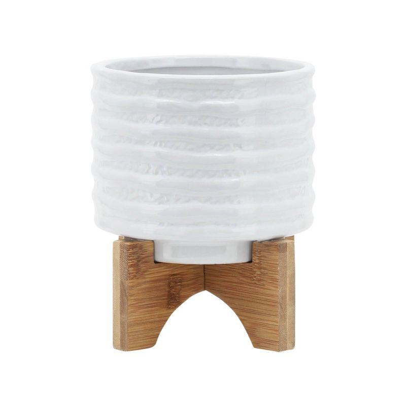 6" Ceramic Planter on Stand White Stripe - Sagebrook Home: Ridged, Wood Stand, Indoor/Outdoor Use