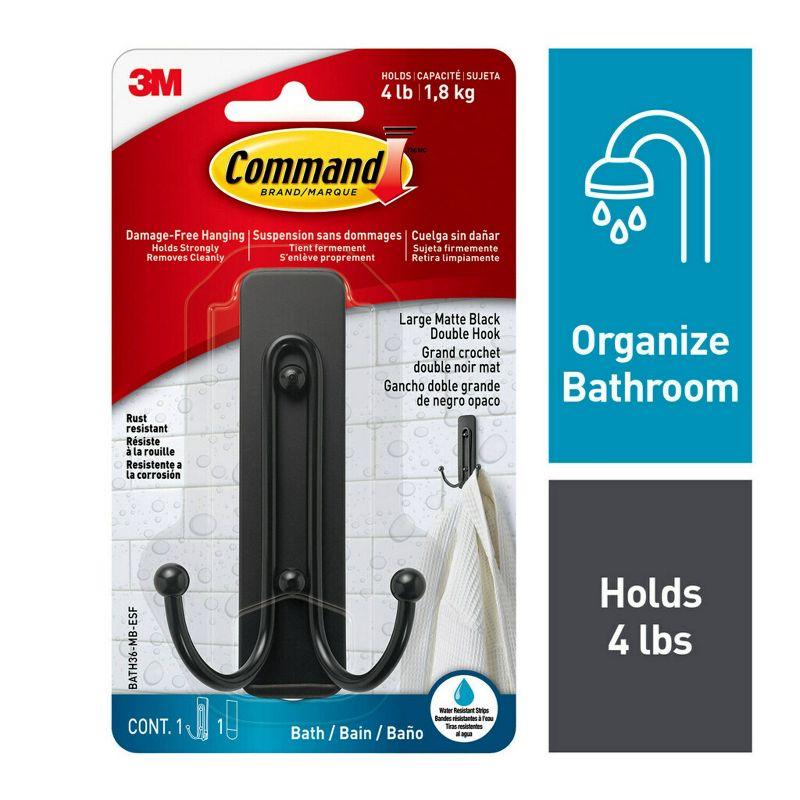 Command Large Double Hook Black: Metal Robe Hook, Unfinished Surface, Bathroom Hardware Set