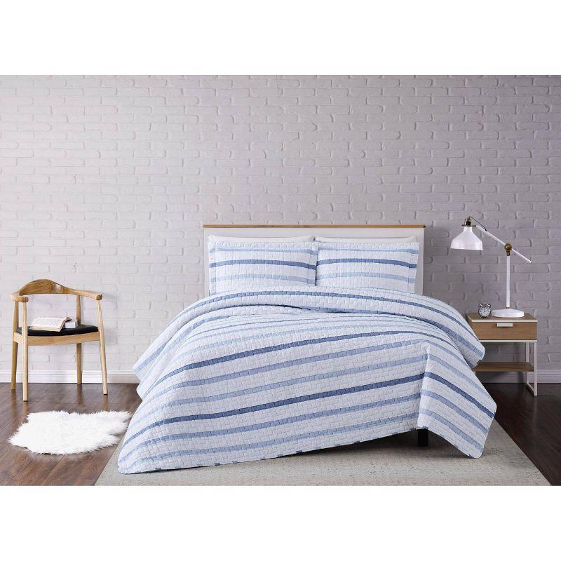 Cozy Waffle Stripe King Quilt Set in Blue - Microfiber Reversible