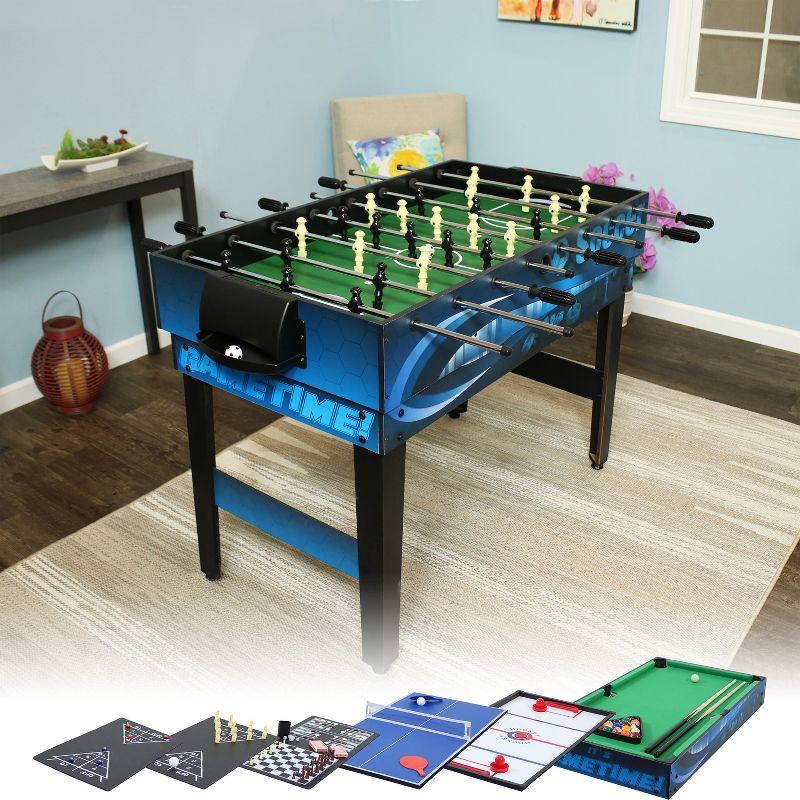 Sunnydaze Multi-Game Table with Billiards, Hockey, Foosball, Ping Pong, Shuffleboard, Chess, Cards, Checkers, Bowling, and Backgammon - Game Time Blue