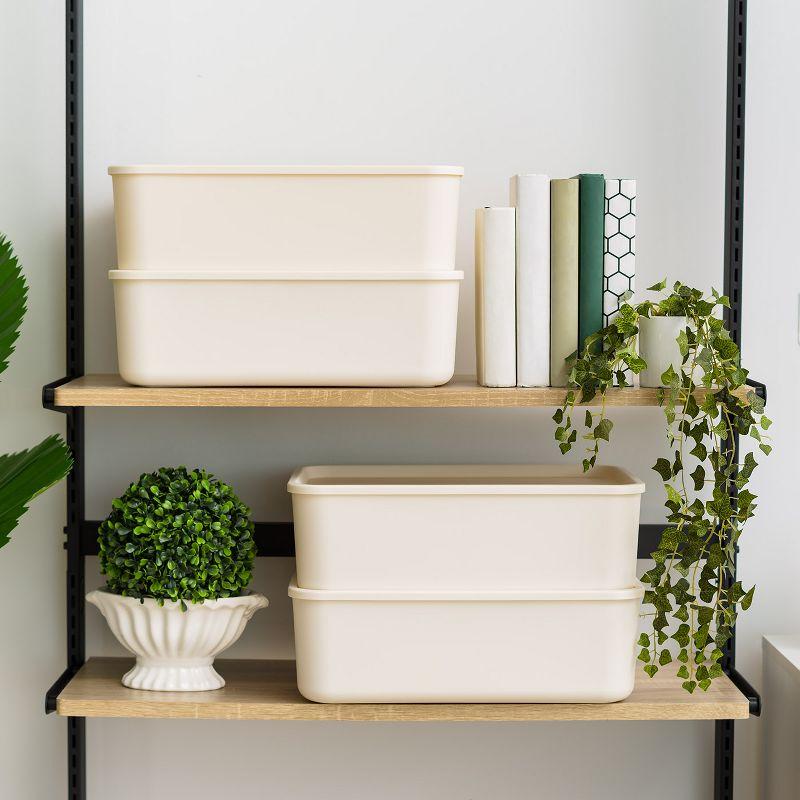 IRIS USA Plastic Modular Basket Bin & Lid, Medium, 4-Pack, Stackable Lidded Storage Organizer Bins for-Kitchen-Bathroom and Bedroom, OFF White