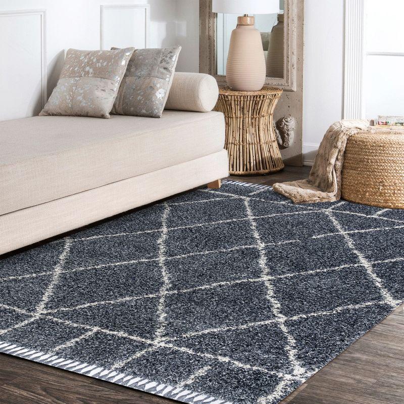 4'x6' Mercer Shag Plush Tassel Moroccan Geometric Trellis Area Rug, Denim/Cream - JONATHAN Y