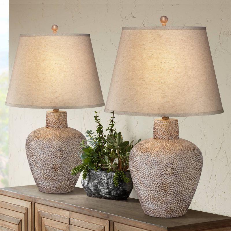 Franklin Iron Works Rustic Farmhouse Table Lamps 29" Tall Set of 2 Brown Leaf Hammered Pot Off White Shade for Bedroom Living Room House Home Bedside