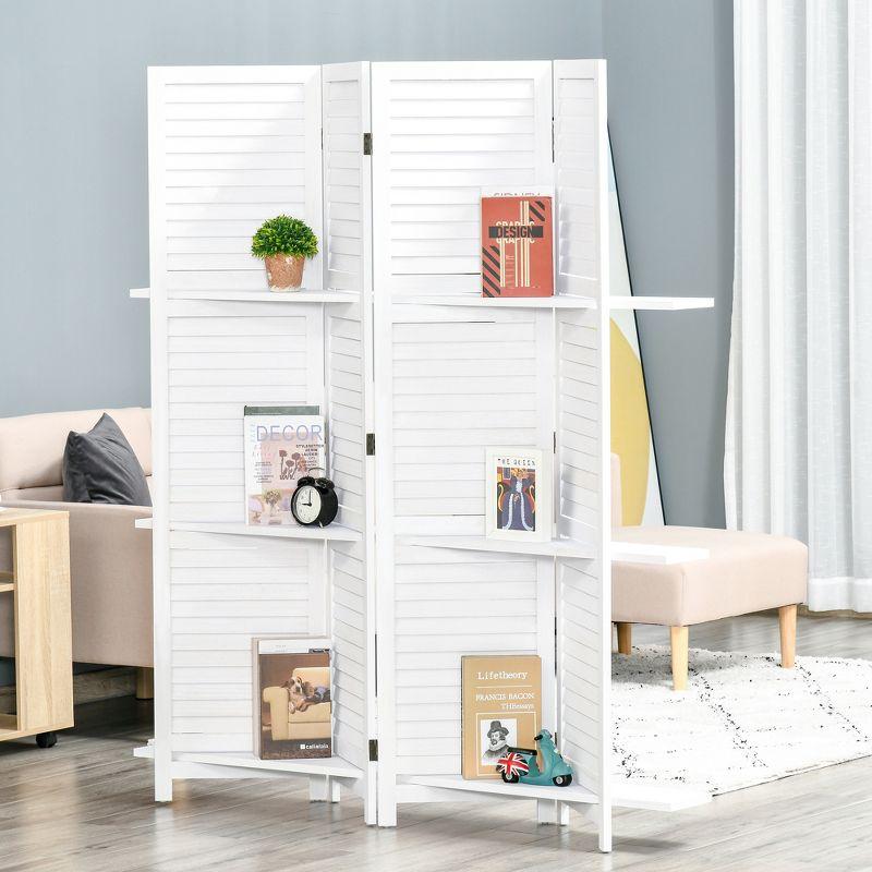 HOMCOM 4 Panel 67" Tall Wood Privacy Screen Room Divider with 3 Display Shelves, and Folding Storage for Bedroom or Home Office