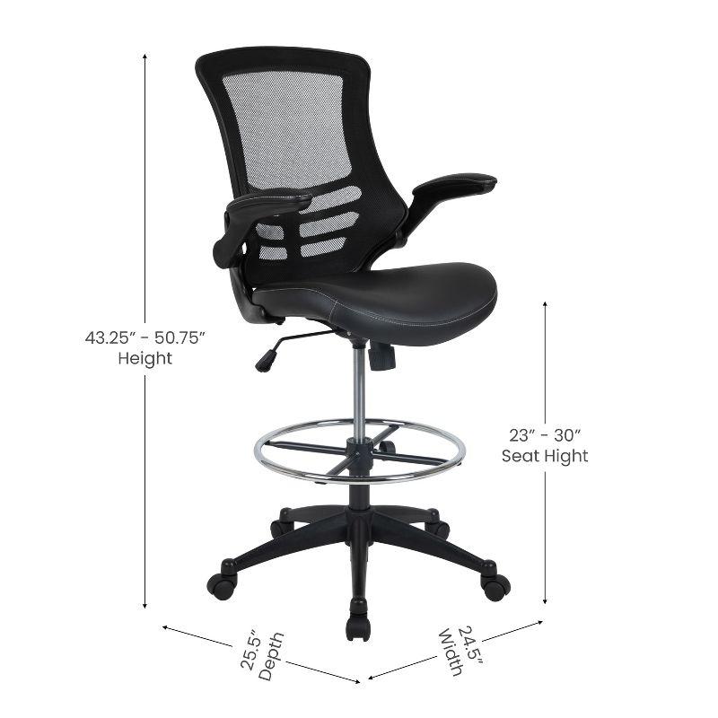 Flash Furniture Kelista Mid-Back Black Mesh Ergonomic Drafting Chair with LeatherSoft Seat, Adjustable Foot Ring and Flip-Up Arms