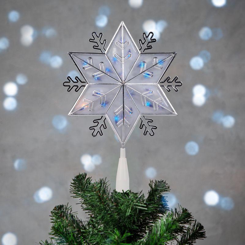 Silver and Frosted Plastic Snowflake Tree Topper with Blue Lights