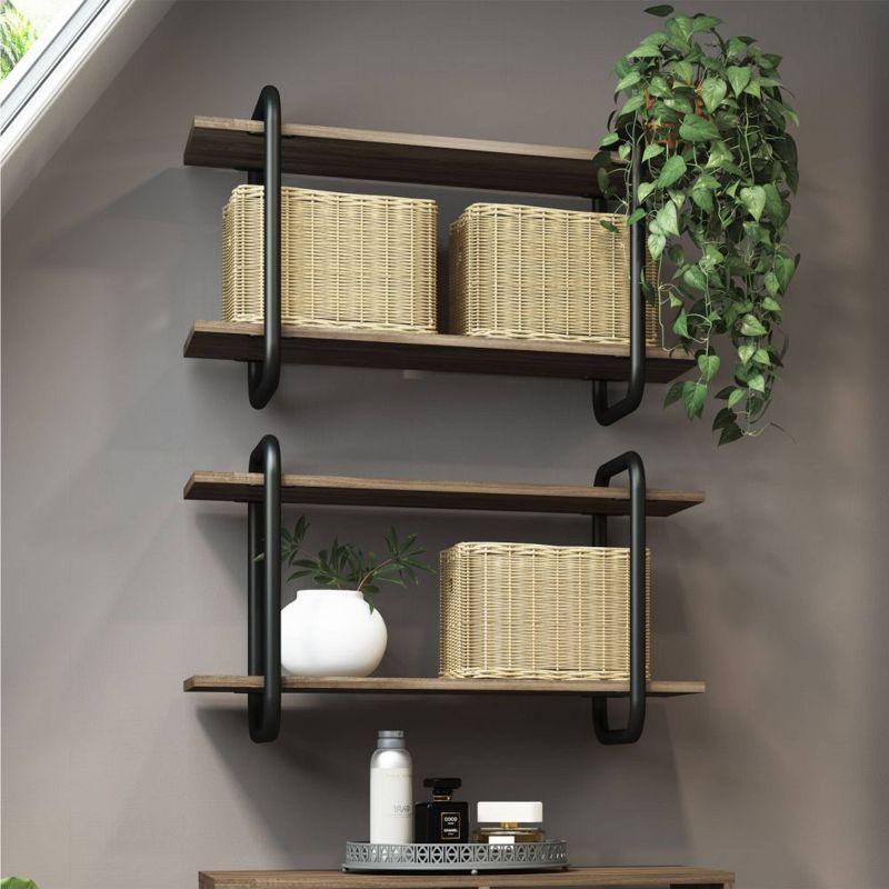 Elegant Walnut and Steel 2-Tier Floating Wall Shelf