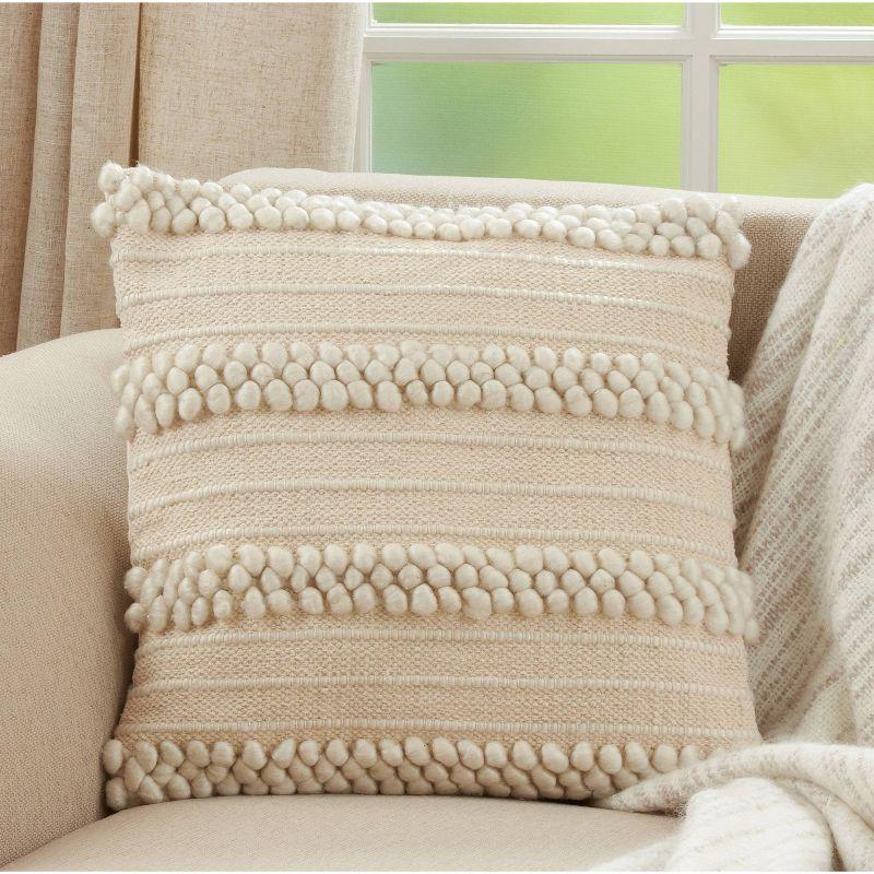 18"x18" Striped Design with Pom-Poms Square Throw Pillow Cover Ivory - Saro Lifestyle: Bohemian Hand Wash Zipper Closure