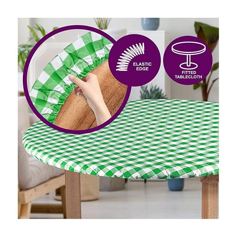 Round Tablecloth -Fitted with Elastic, Vinyl with Flannel Back, 48” Green Checked Design,- By Sorfey