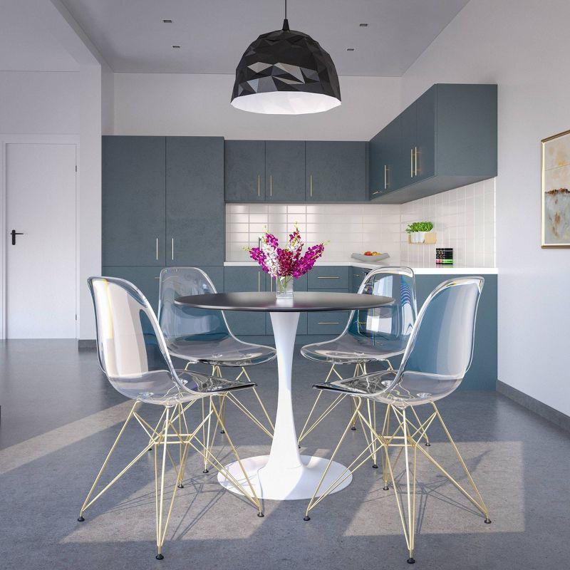 LeisureMod 5-Piece Dining Set with 35" Round Dining Table in White Iron Pedestal Base and 4 ABS Plastic Side Chair with Gold Base, Clear