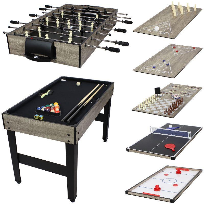 Sunnydaze Indoor Multi-Game Table with Billiards, Push Hockey, Foosball, Ping Pong, Bowling, and More - Classic Wood Stain