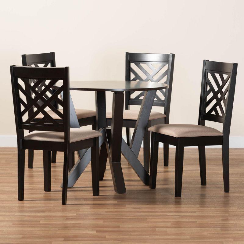 Elise Round Espresso Wood Dining Set with Beige Fabric Seats, 5-Piece