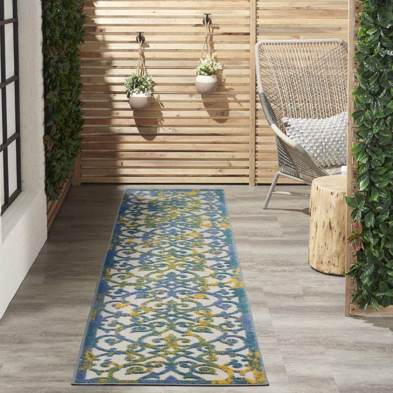 Nourison Aloha Contemporary Scroll Flatweave High-Low Indoor Outdoor Runner Rug Ivory Blue 2'3" x 10'