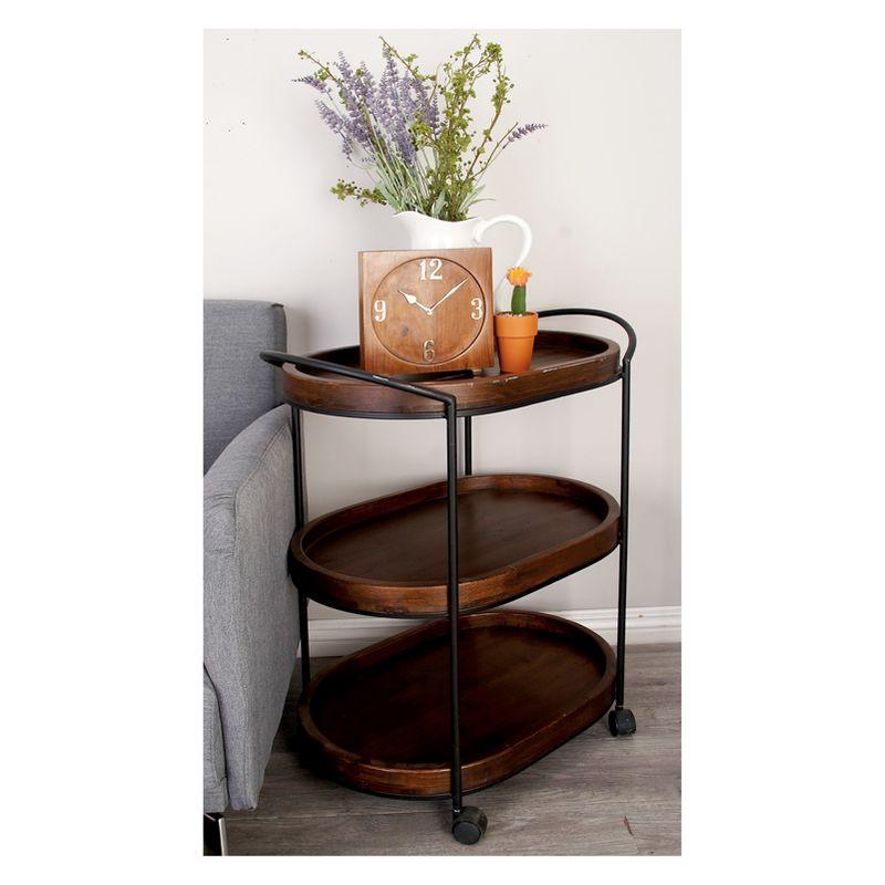 Olivia & May Wood 3 Tier Oval Tray Cart Brown: Pine Rolling Bar Cart with Fixed Shelves, No Assembly Required